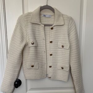 Zara Cream Textured Button-Up sweater Jacket SZ M